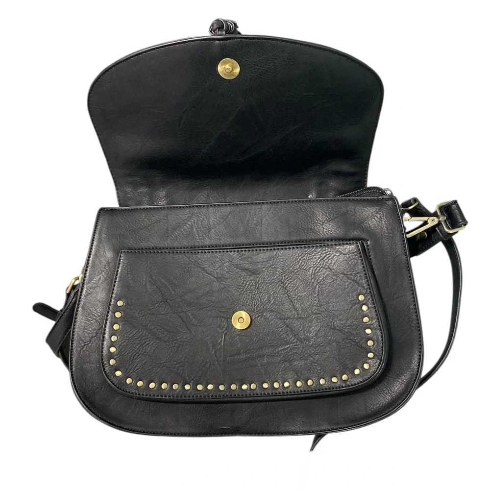 Antik Kraft Black Vegan Leather Saddlebag Crossbody Braid Detail Boho Western